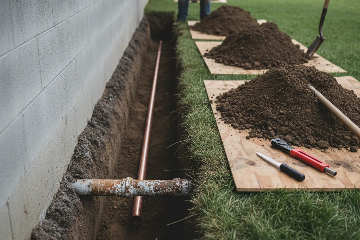 Excavated water line trench during Sewer Line Repair in Fowler